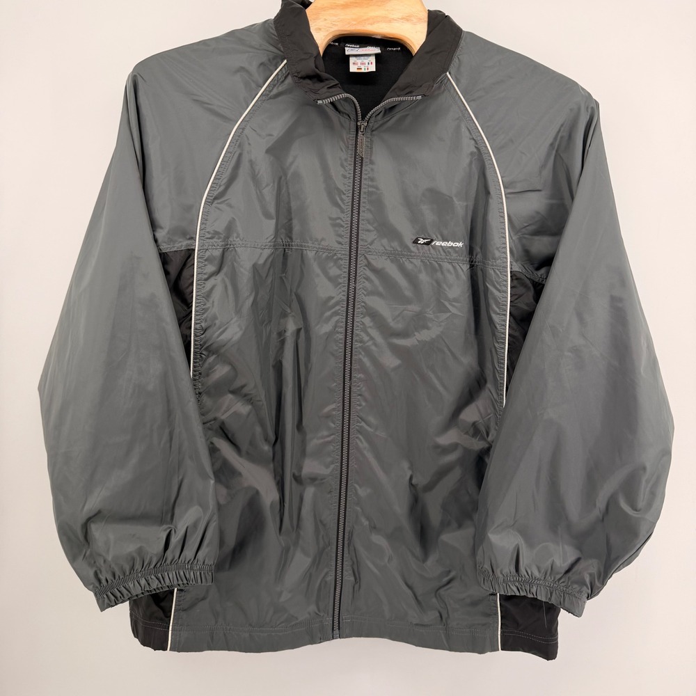 Vintage 90s Reebok Windbreaker Men's XXL Grey Black Full Zip Jacket